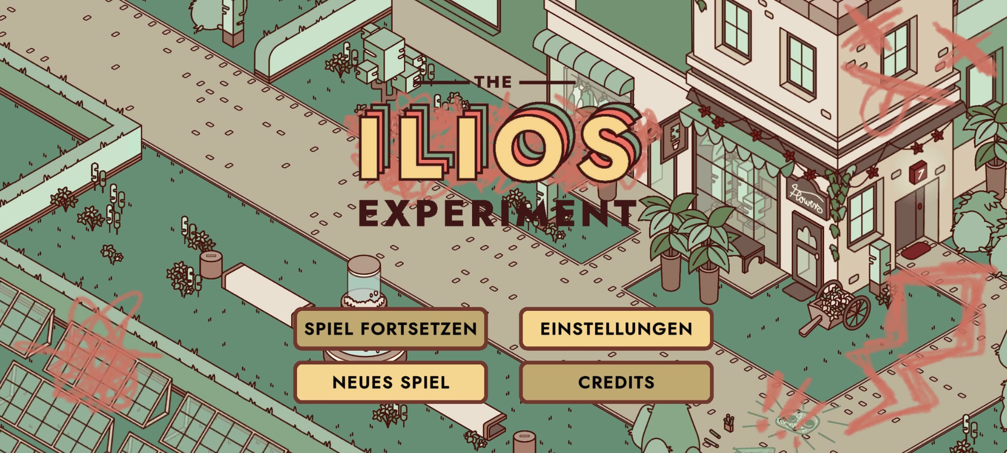 Screenshot aus 'Das Ilios Experiment': Startbildschirm mit Titel und vier Buttons 'Neues Spiel', 'Spiel Fortsetzen', 'Einstellungen', 'Credits'.