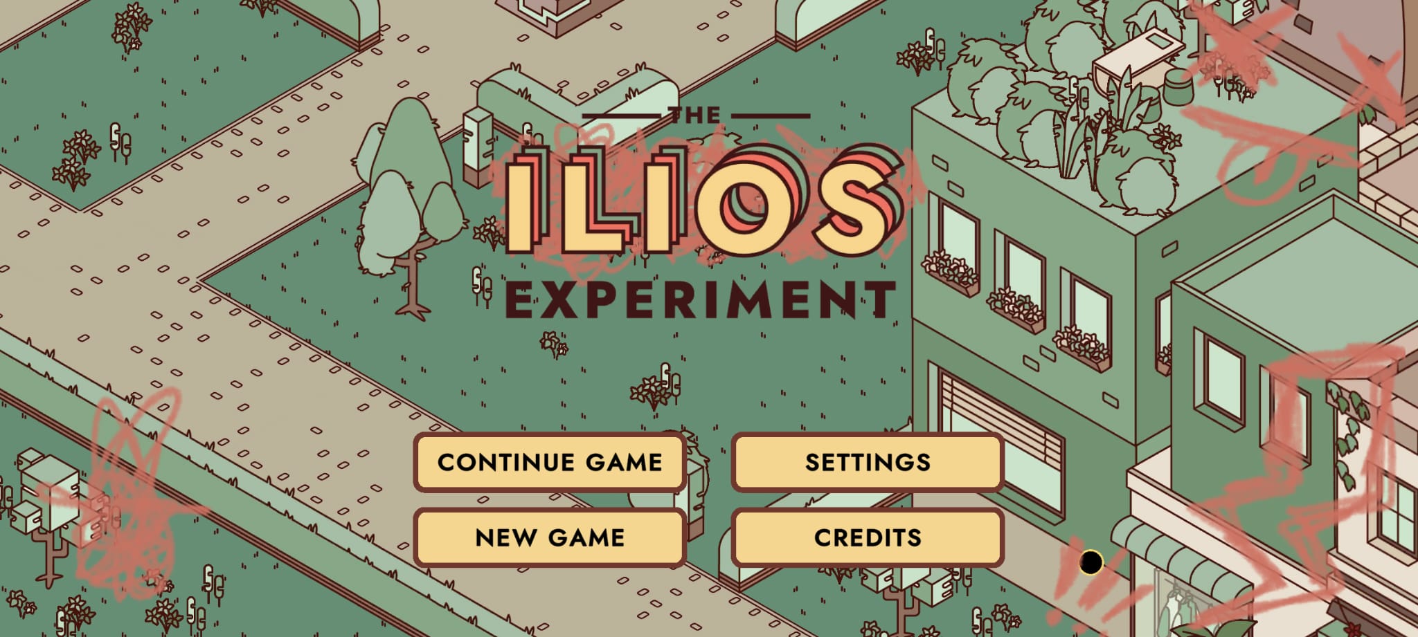 Screenshot from 'The Ilios Experiment': Start screen with title and four buttons 'New game', 'Continue game', 'Settings', 'Credits'.
