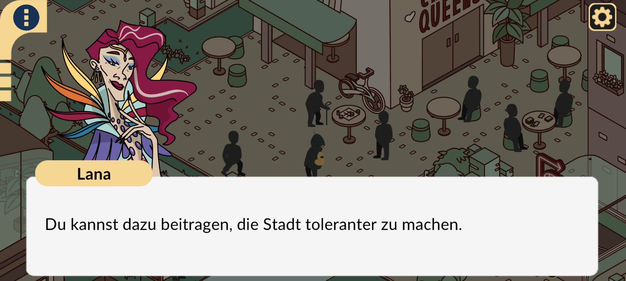 Screenshot aus 'Das Ilios Experiment': Dialogfenster mit NPC Lana, Text 'Du kannst dazu beitragen, die Stadt toleranter zu machen.'