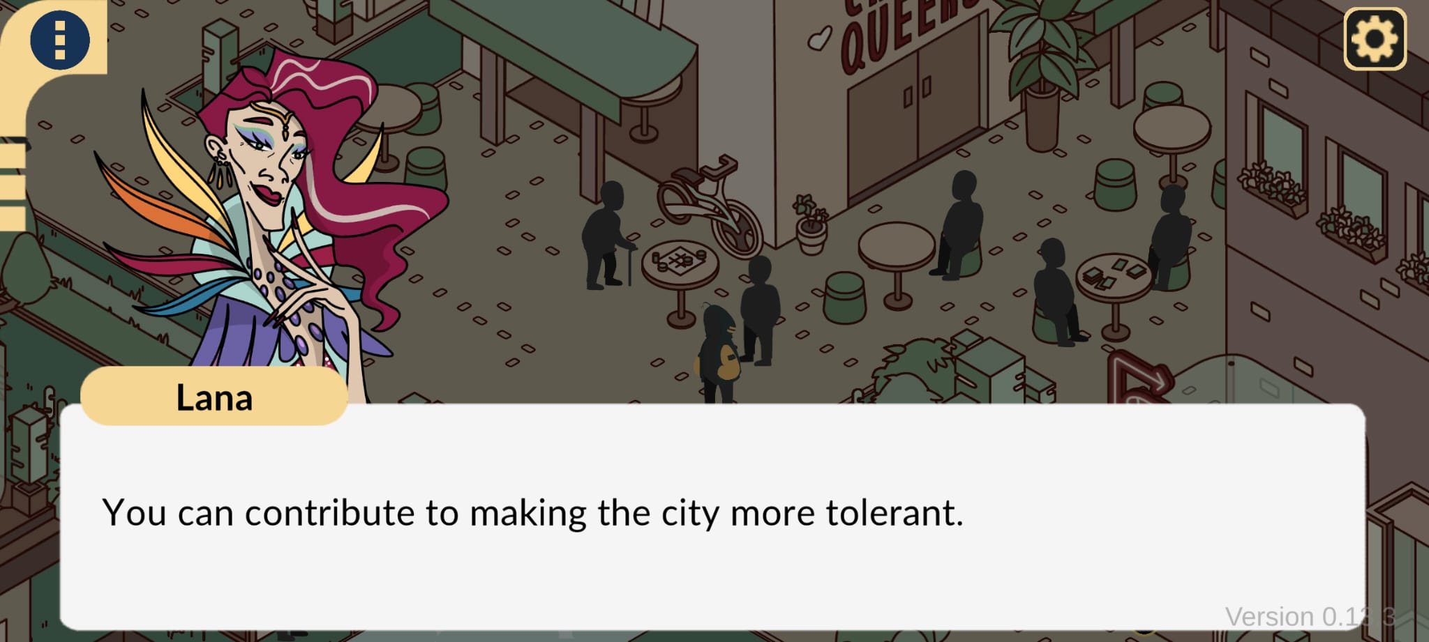 Screenshot from 'The Ilios Experiment': Dialogue window with NPC Lana, text 'You can help make the city more tolerant.'