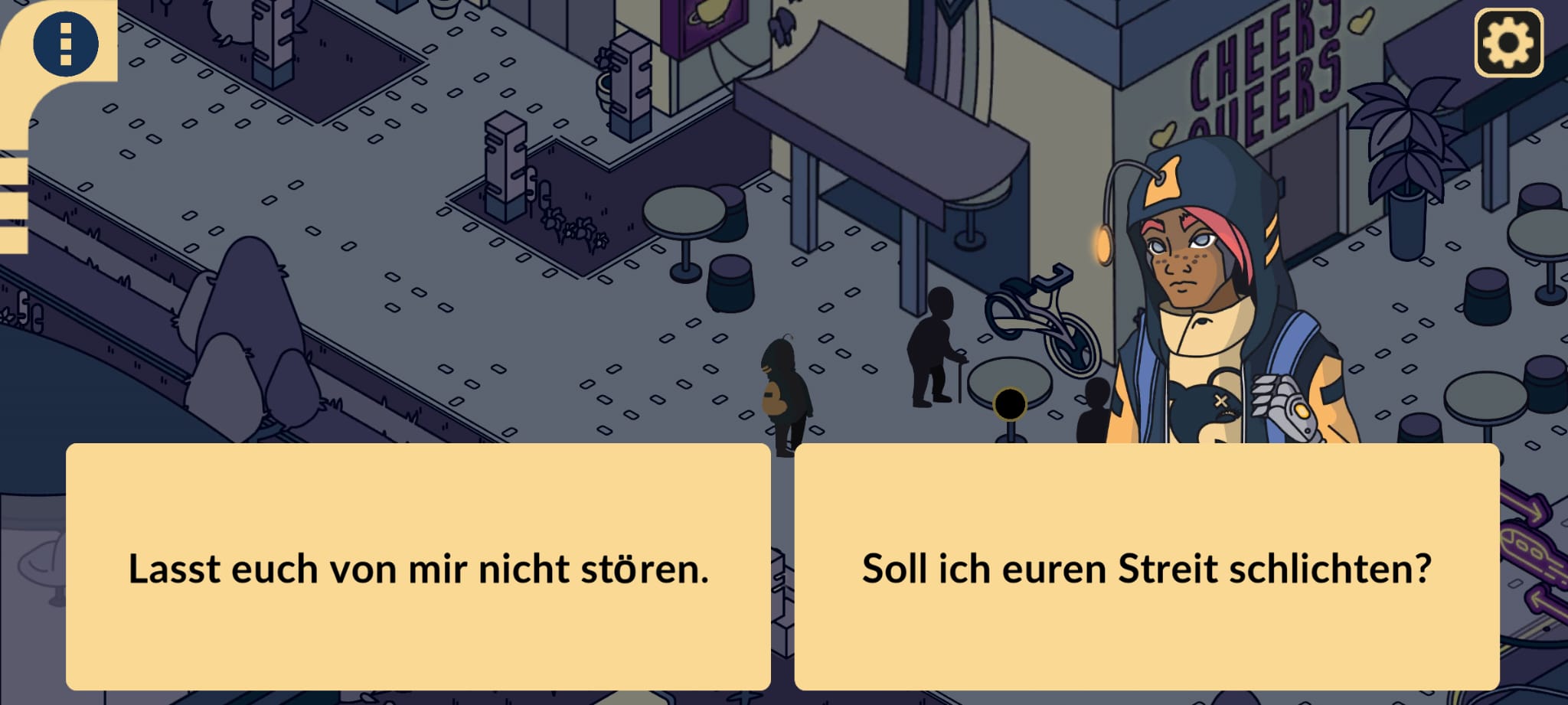 Screenshot aus 'Das Ilios Experiment': Dialogfenster mit Antwortoptionen 'Lasst euch von mir nicht stören.', 'Soll ich euren Streit schlichten?'