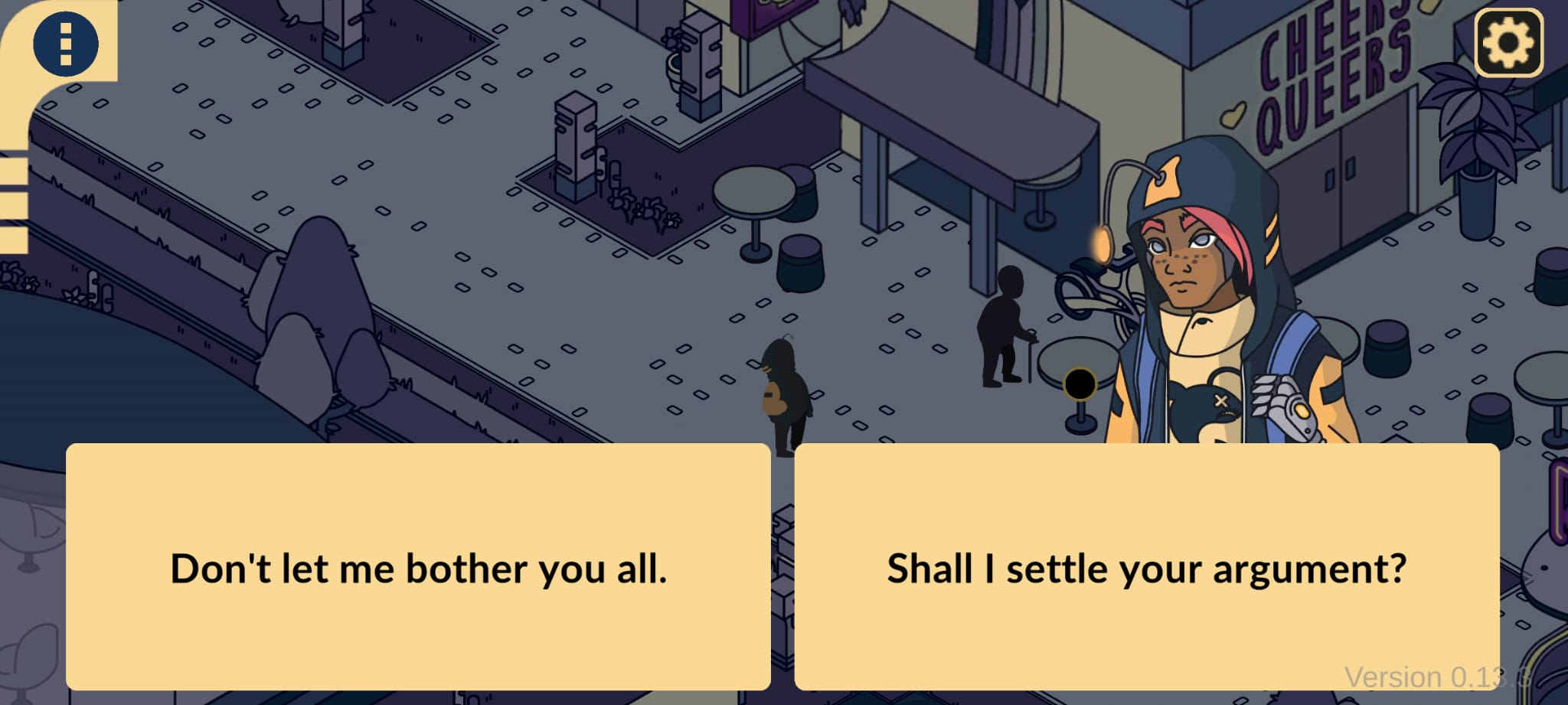 Screenshot from 'The Ilios Experiment': dialog box with response options 'Don't let me disturb you', 'Shall I settle your dispute?