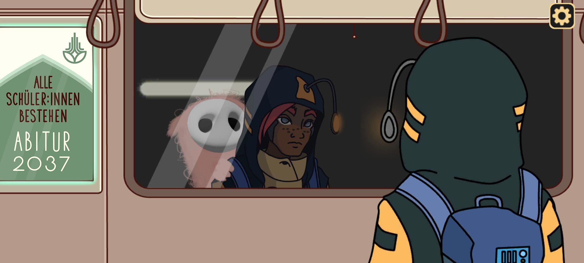 Screenshot aus 'Das Ilios Experiment': Hauptfigur ist im Zug auf dem Weg nach Ilios und blickt aus dem Fenster. Auf seiner Schulter sein 'Inneres'.