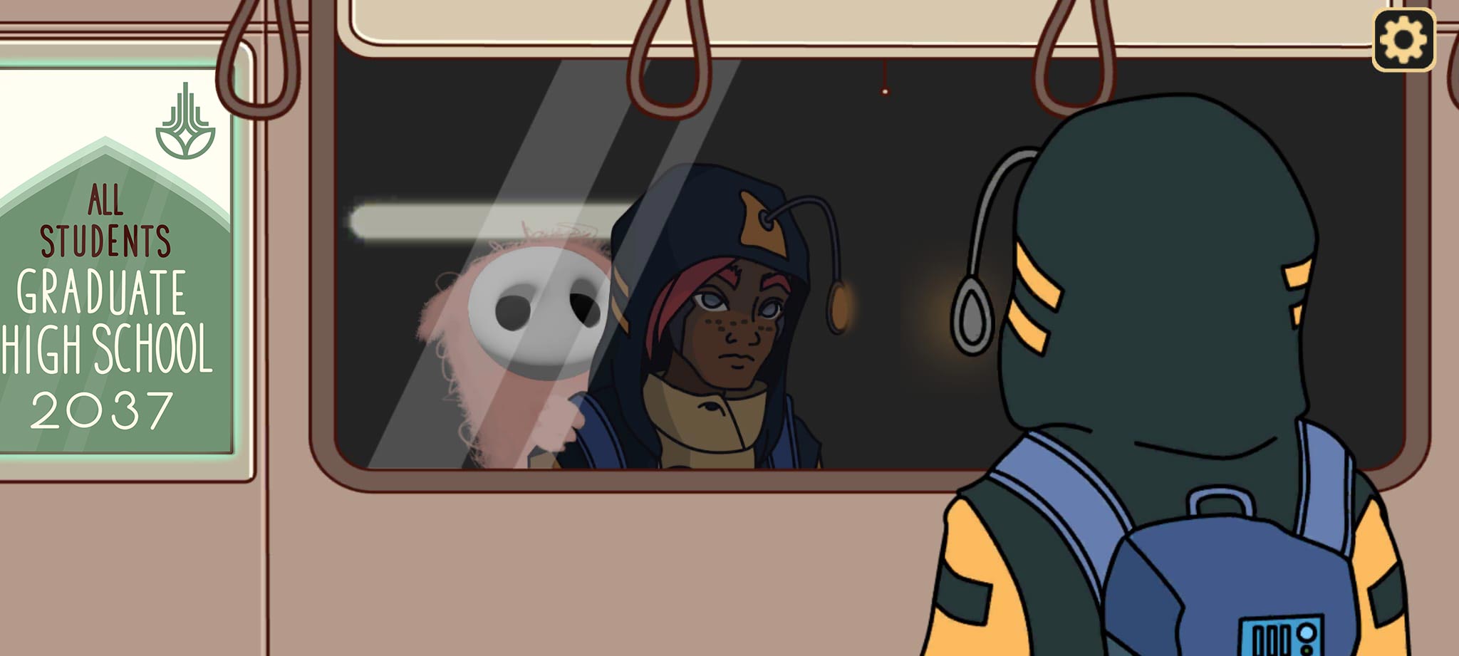 Screenshot from 'The Ilios Experiment': The main character is aboard the train on the way to Ilios and looks out of the window. On his shoulder is his 'inner'.