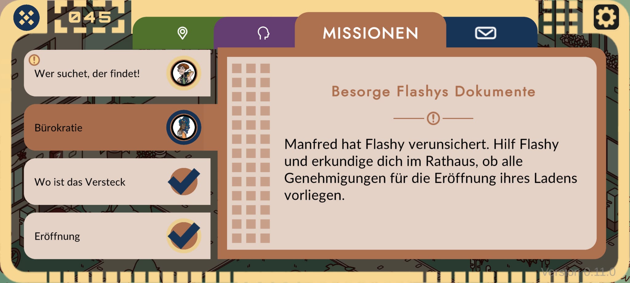 Screenshot aus 'Das Ilios Experiment': Geöffneter S.I.D. Der Tab 'Missionen' ist ausgewählt und zeigt aktive sowie abgeschlossene Aufgaben der Spielenden.