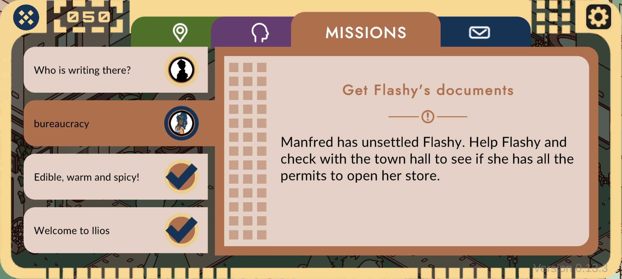Screenshot from 'The Ilios Experiment': Opened S.I.D. The tab 'Missions' is selected and shows active and completed tasks of the players.