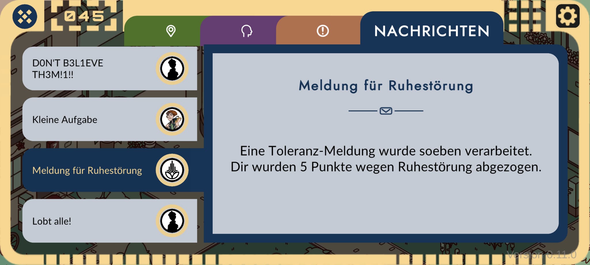 Screenshot aus 'Das Ilios Experiment': Geöffneter S.I.D. Der Tab 'Nachrichten' ist ausgewählt und zeigt über S.I.D. übertragene Meldungen der Stadt Ilios.