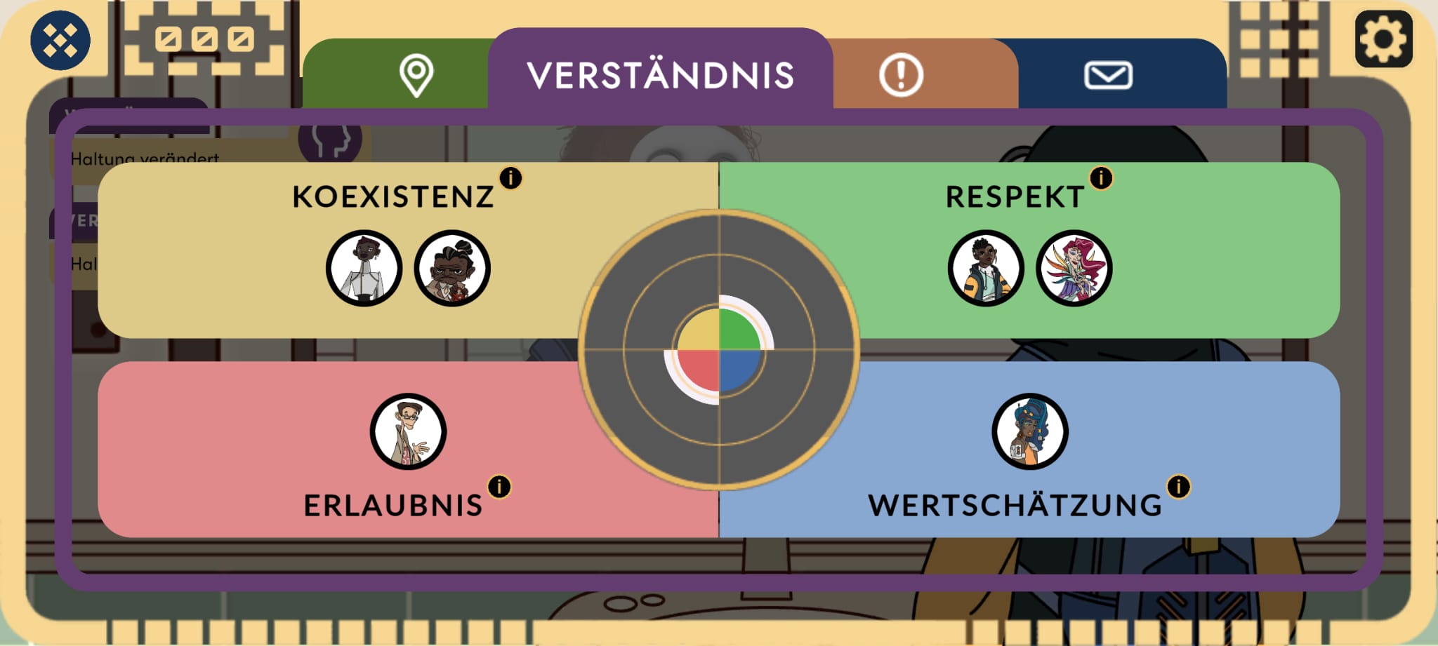 Screenshot aus 'Das Ilios Experiment': Geöffneter S.I.D. Der Tab 'Verständnis' ist ausgewählt und zeigt die eigene Haltung zu Toleranz in Abhängigkeit der bisher gewählten Antwortoptionen.