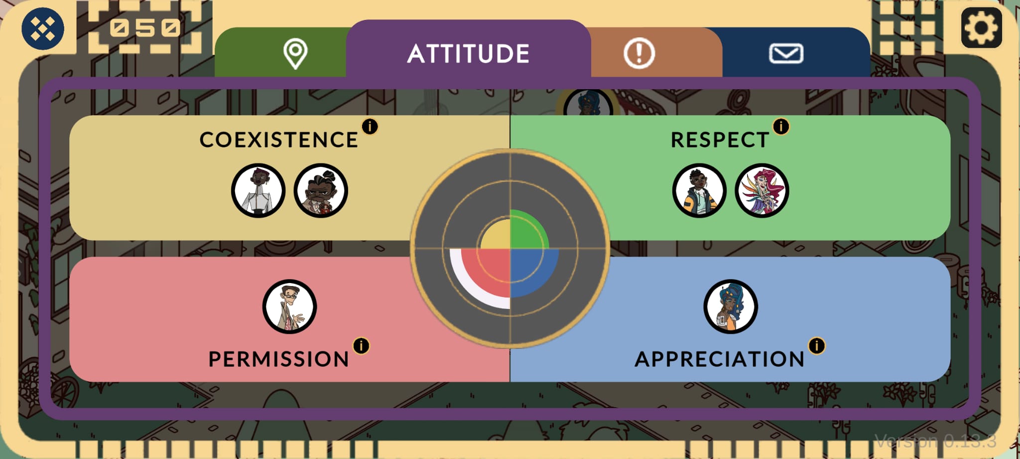 Screenshot from 'The Ilios Experiment': Opened S.I.D. The tab 'Understanding' is selected and shows your own attitude towards tolerance depending on the answer options selected so far.